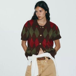 ZARA ARGYLE KNIT POLO JACKET